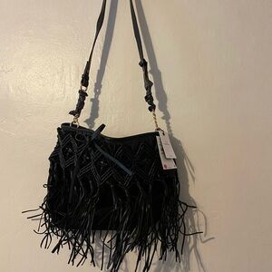 Zara Fringed Black Shoulder Bag with Macramé Detail